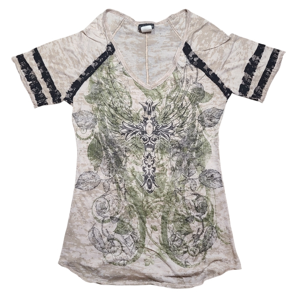 Daytrip Buckle Burnout Cross Top Size L | Lace Trim Graphic Short Sleeve